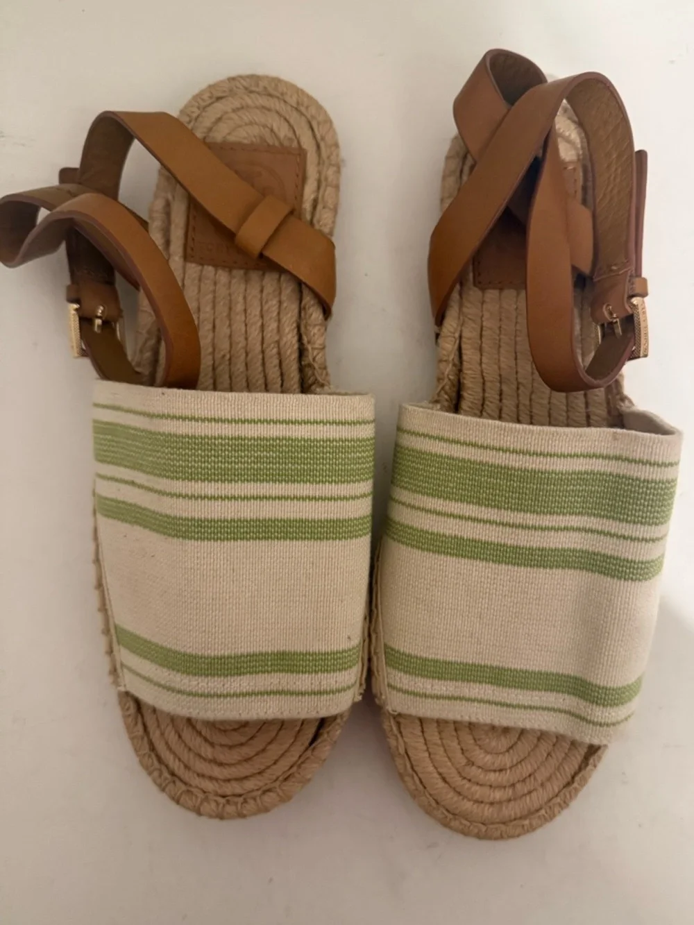 TORY BURCH Elastic Awning Stripe Espadrille Sandal Green Ivory Brown Size 6.5